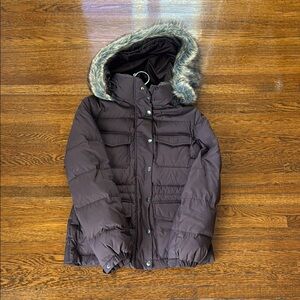 Brown Puffer Jacket with Faux Fur Hood